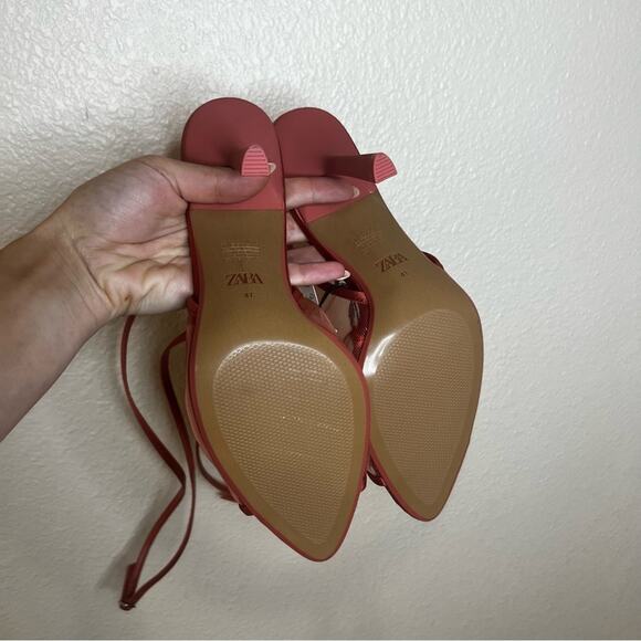 Zara coral red mesh strappy pointed heels NEW 41/10 - Picture 9 of 12
